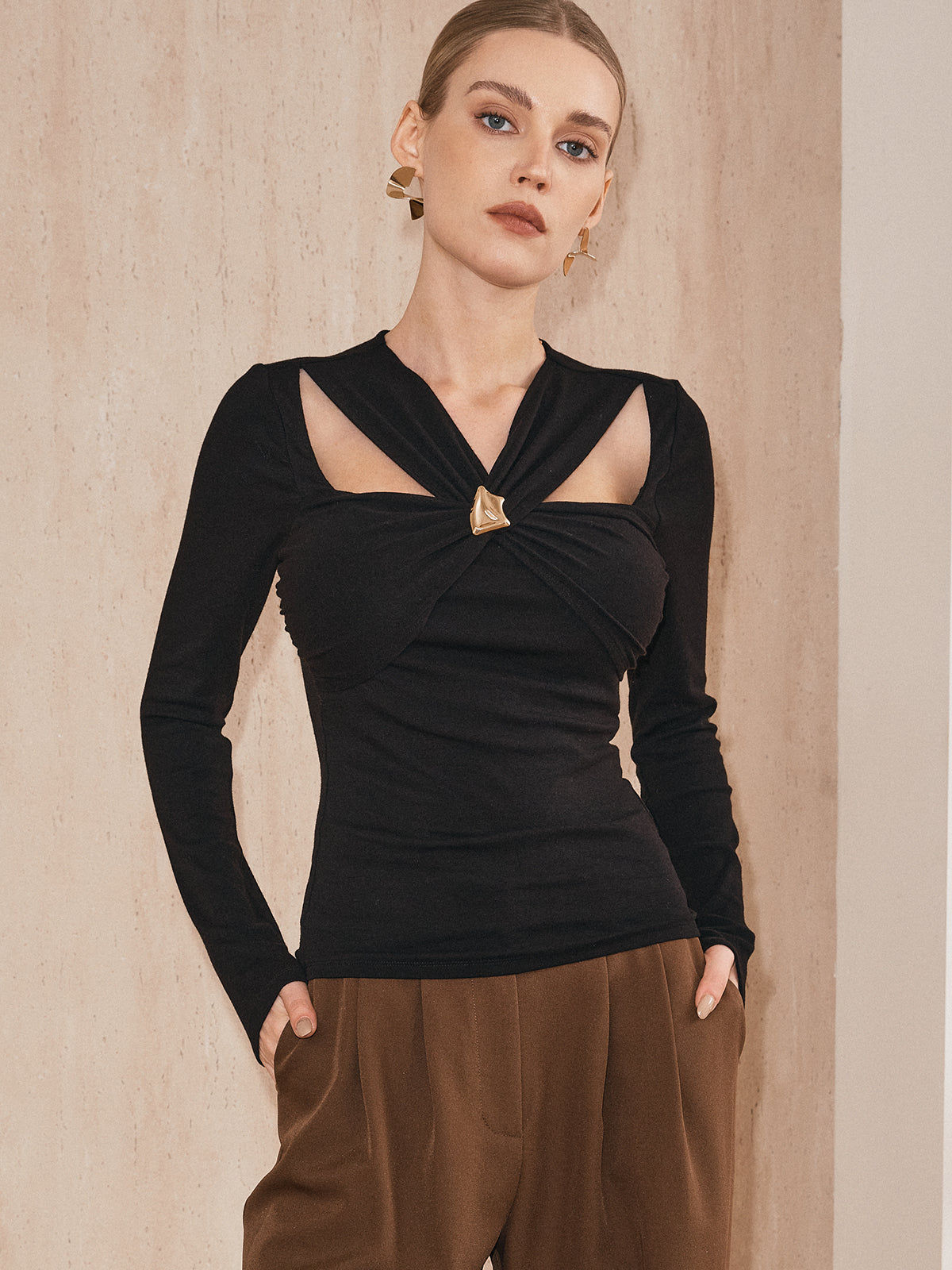 Cross-Over Front Metal Detail Long Sleeve Top