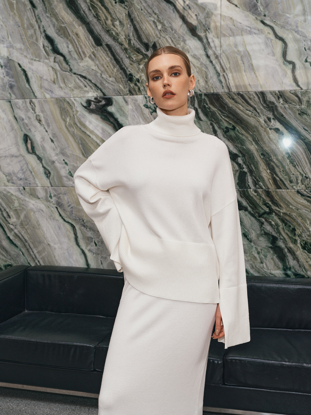 Oversized Turtleneck Knit Top and Maxi Skirt Set