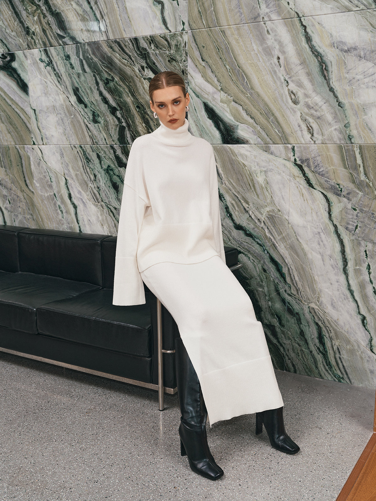 Oversized Turtleneck Knit Top and Maxi Skirt Set