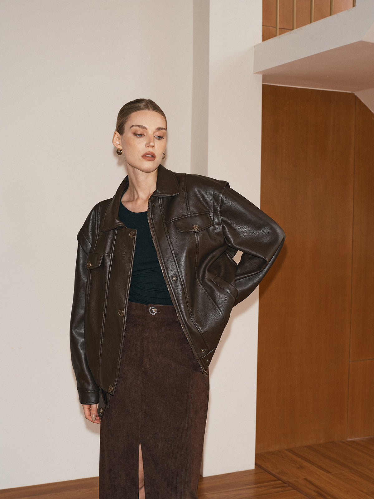 Lapel PU Leather Jacket