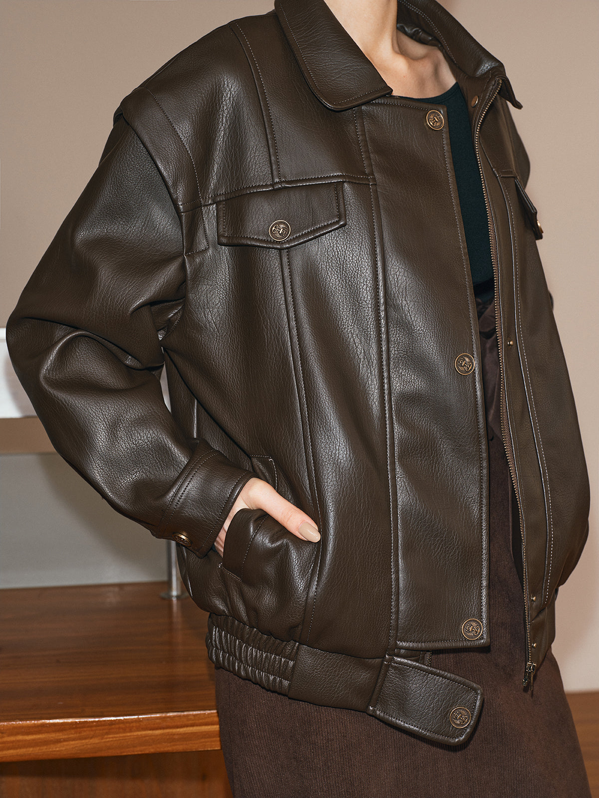 Lapel PU Leather Jacket