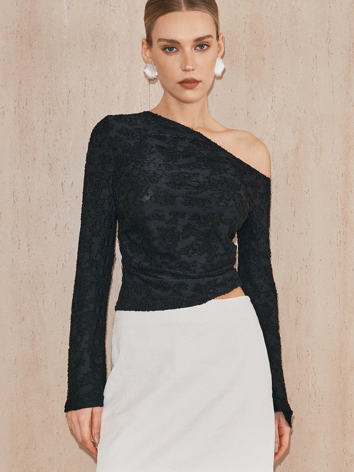 One-Shoulder Textured Jacquard Semi-Sheer Top