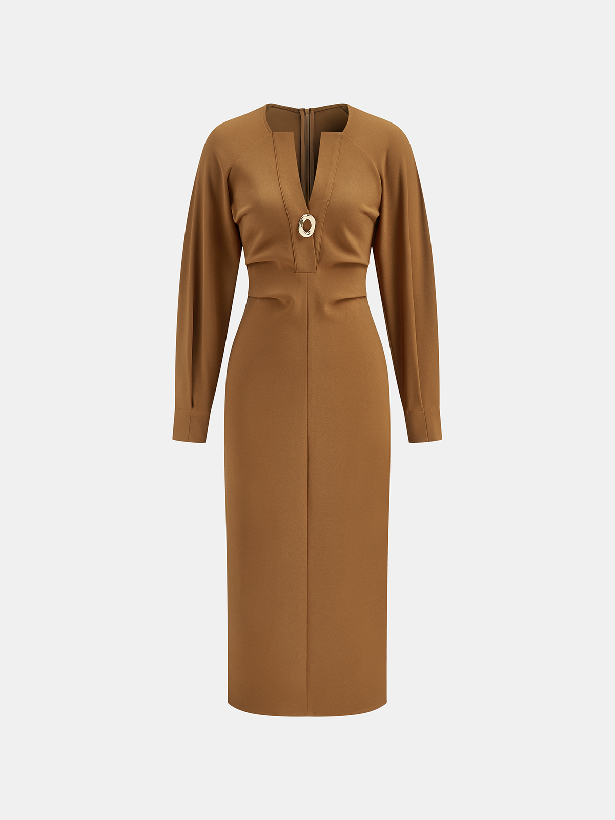 V-Neck Metal Detail Fitted Waist Dress