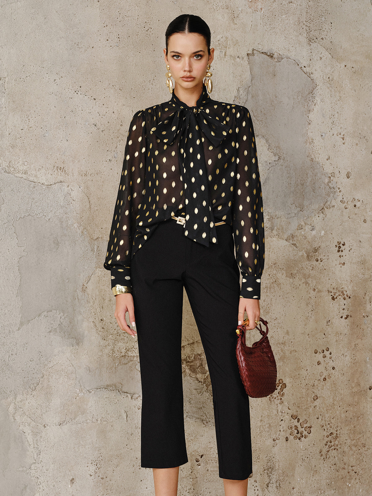 Polka Dot Bow Neckline Semi-Sheer Blouse