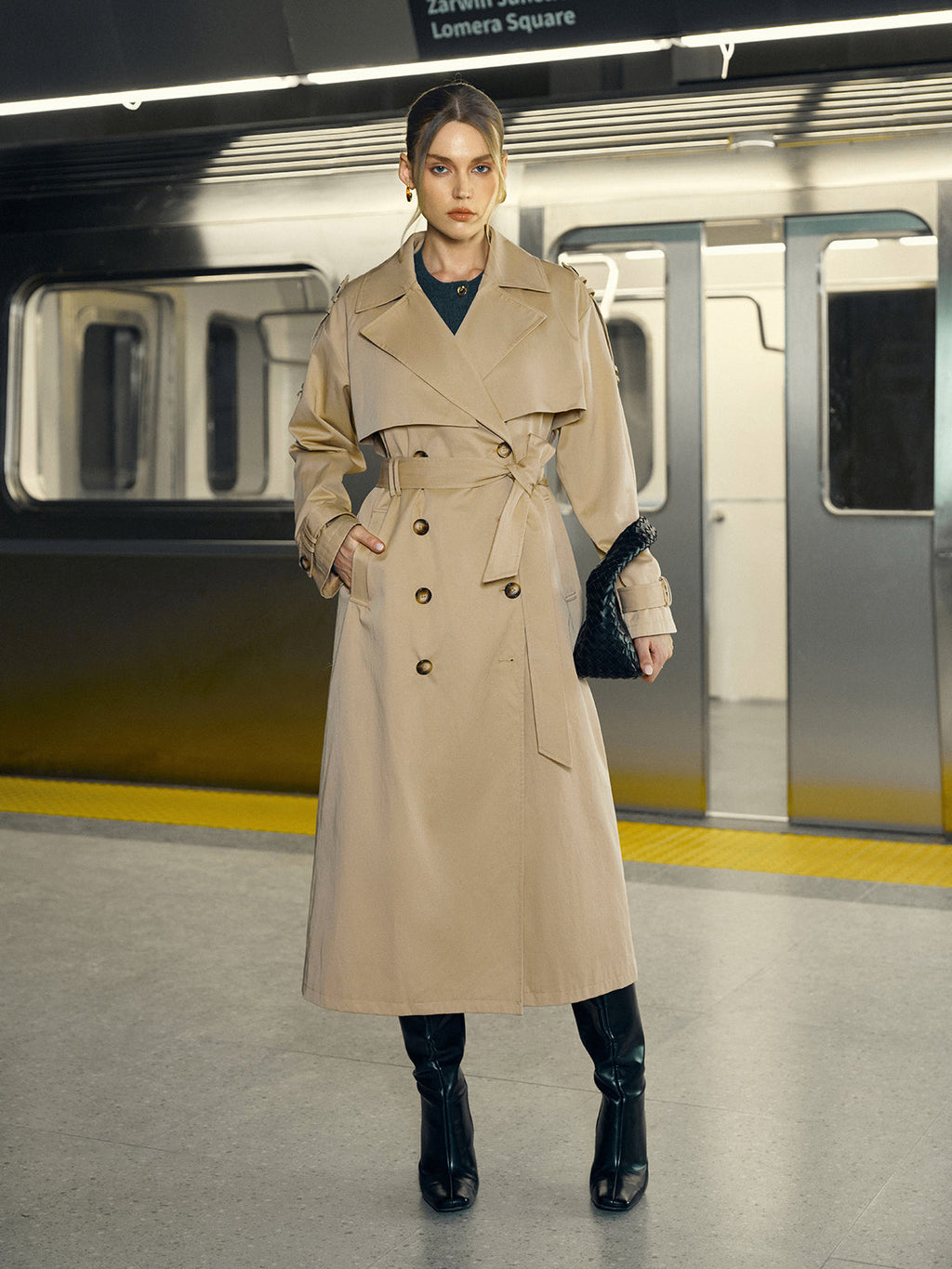 Baumwollmischung Zweireihiger Gürtel-Trenchcoat lang