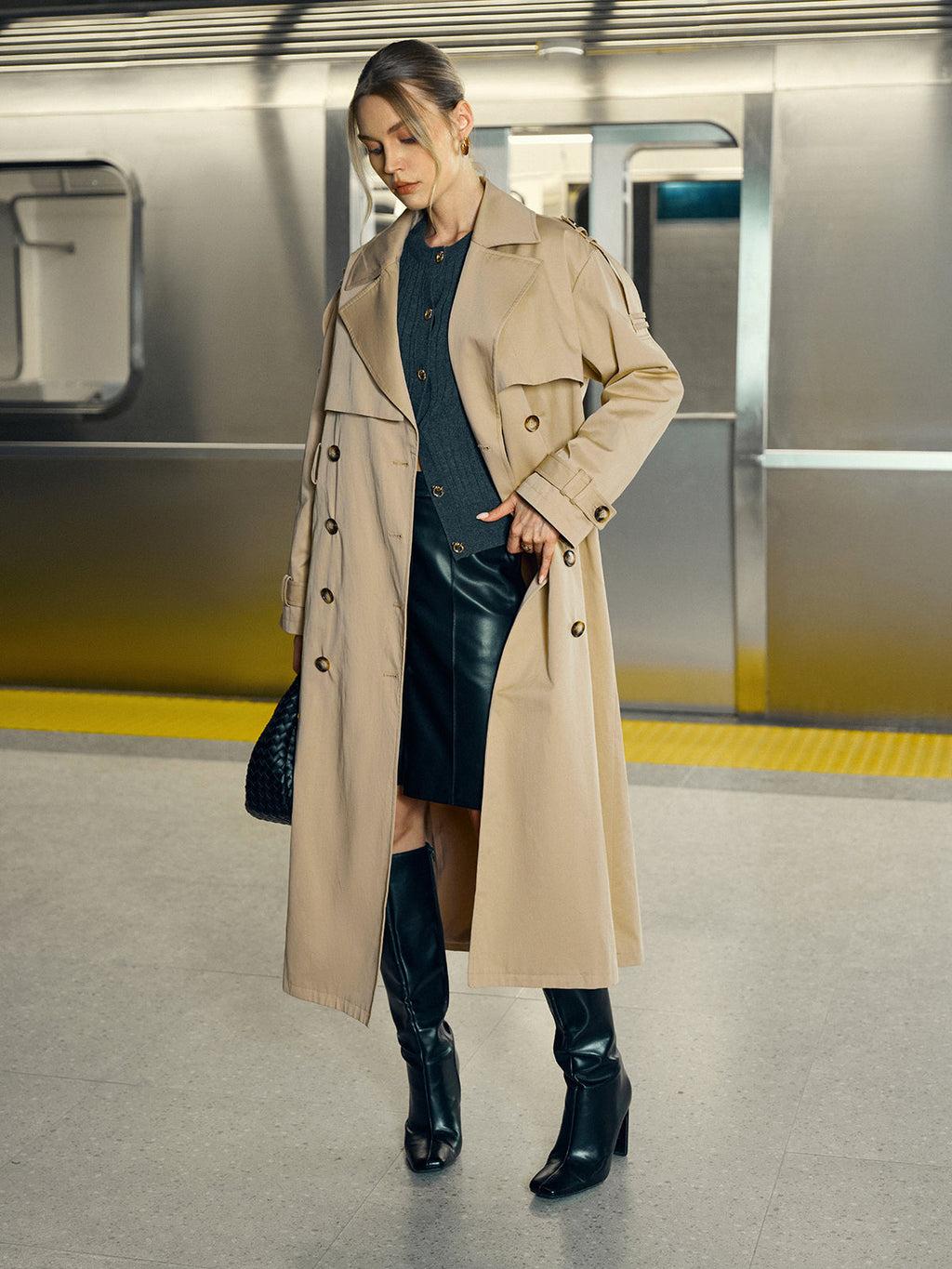 Baumwollmischung Zweireihiger Gürtel-Trenchcoat lang