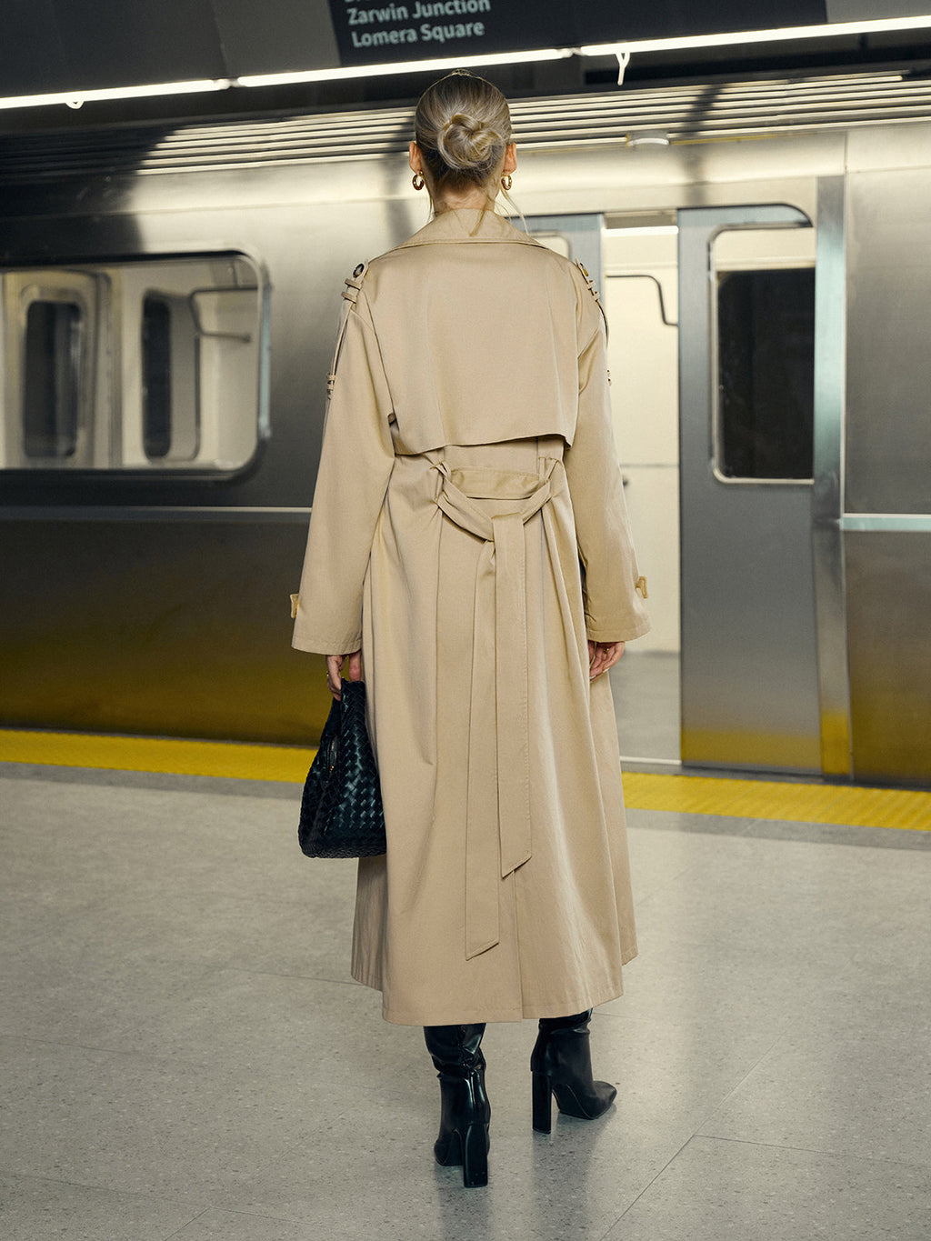 Baumwollmischung Zweireihiger Gürtel-Trenchcoat lang