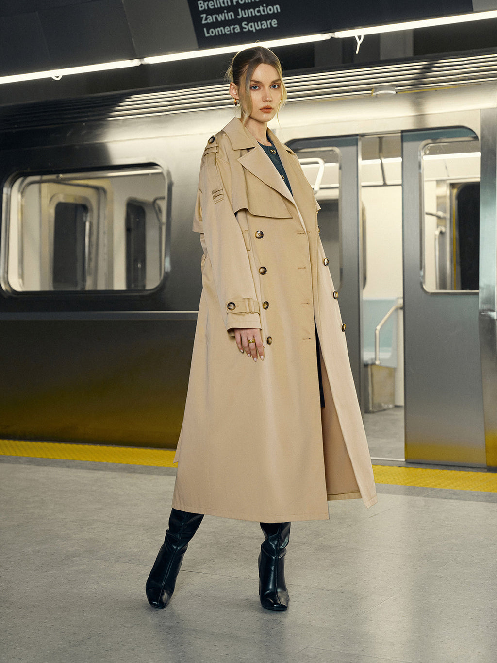 Baumwollmischung Zweireihiger Gürtel-Trenchcoat lang