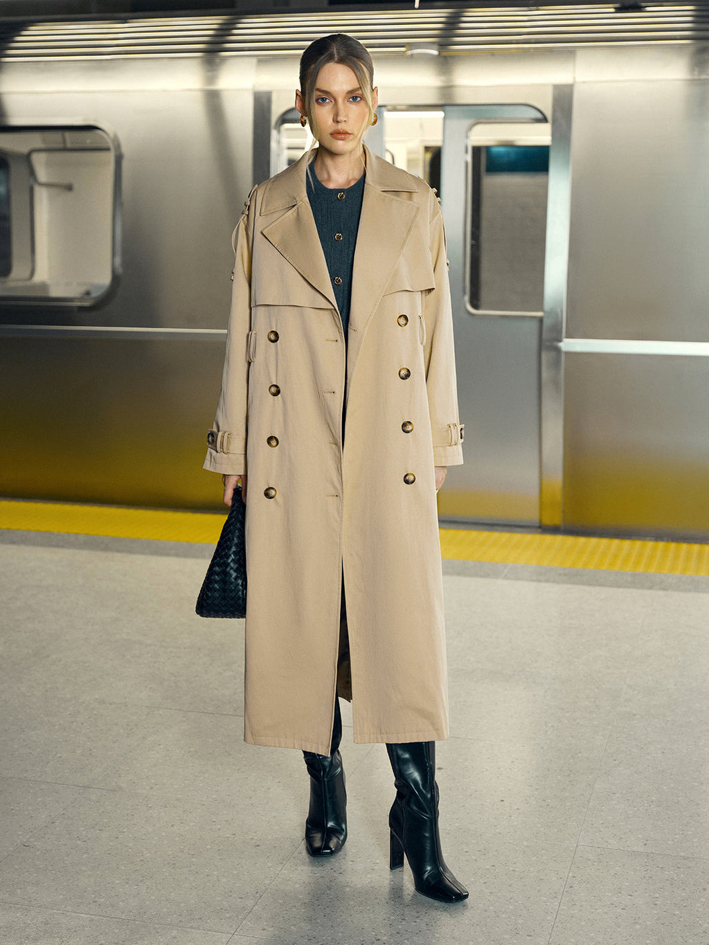 Baumwollmischung Zweireihiger Gürtel-Trenchcoat lang