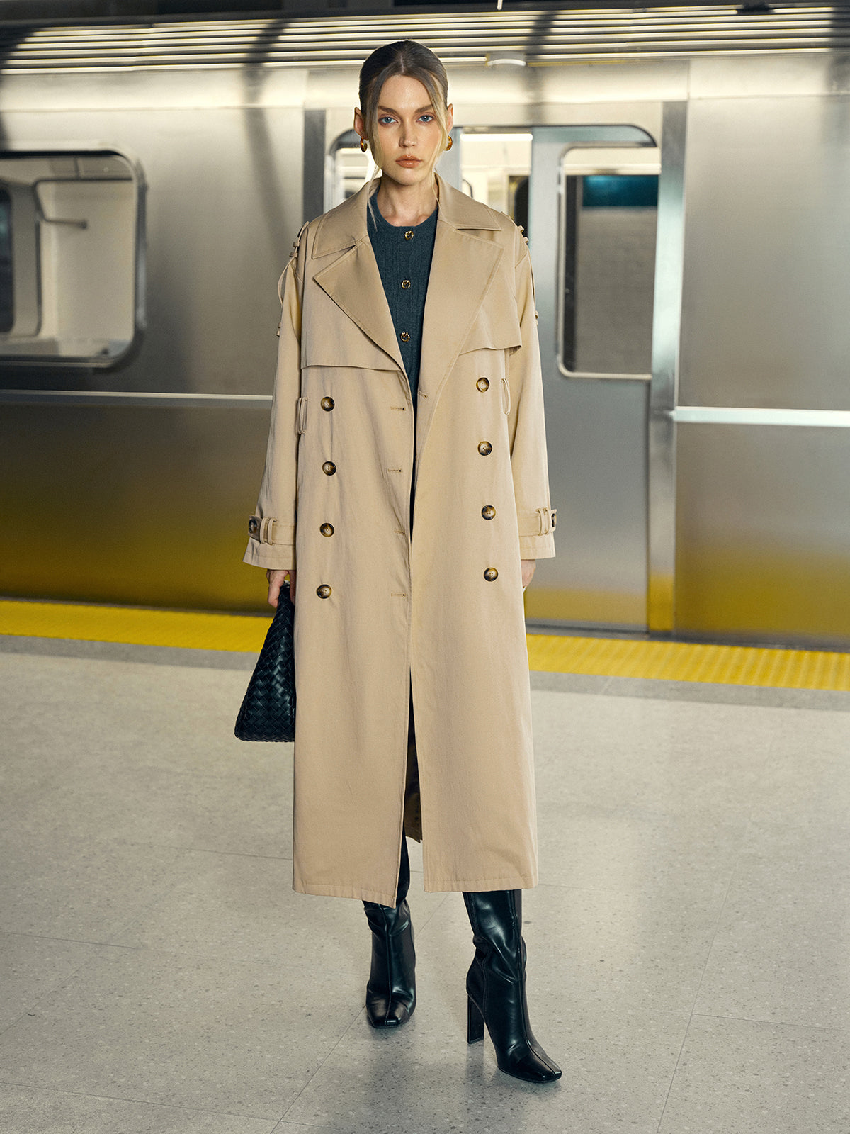 Baumwollmischung Zweireihiger Gürtel-Trenchcoat lang