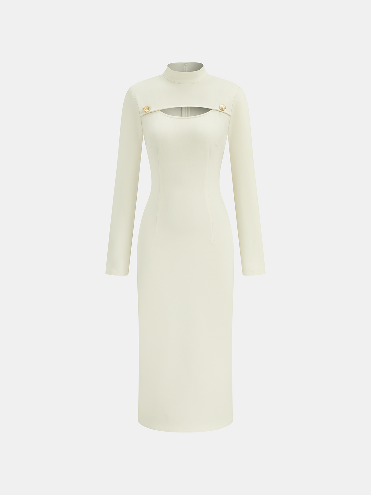 Robe ajustée à col montant, manches longues et découpes
