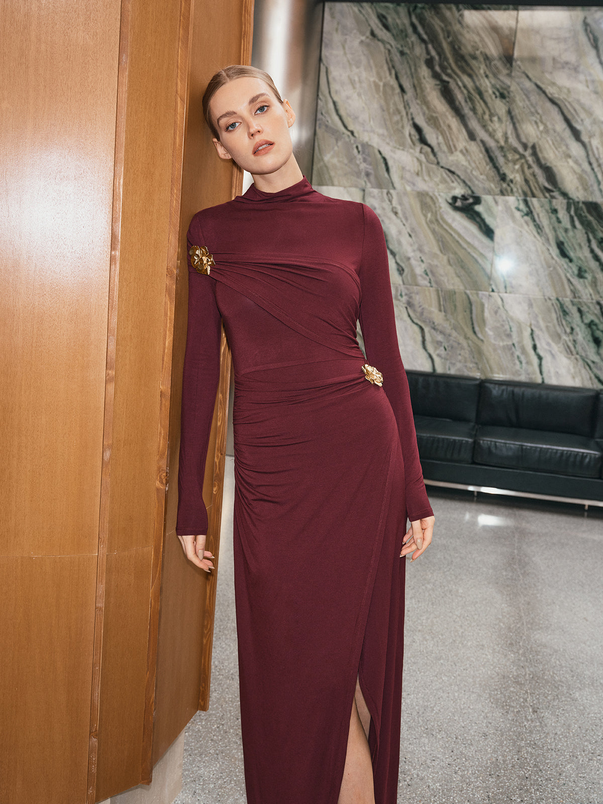 Ruched Metal Floral Long Sleeve Maxi Dress