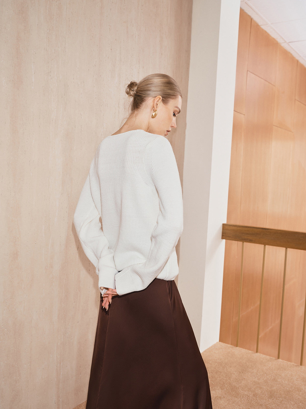 Cross-Over Collar Cut-Out Knit Sweater