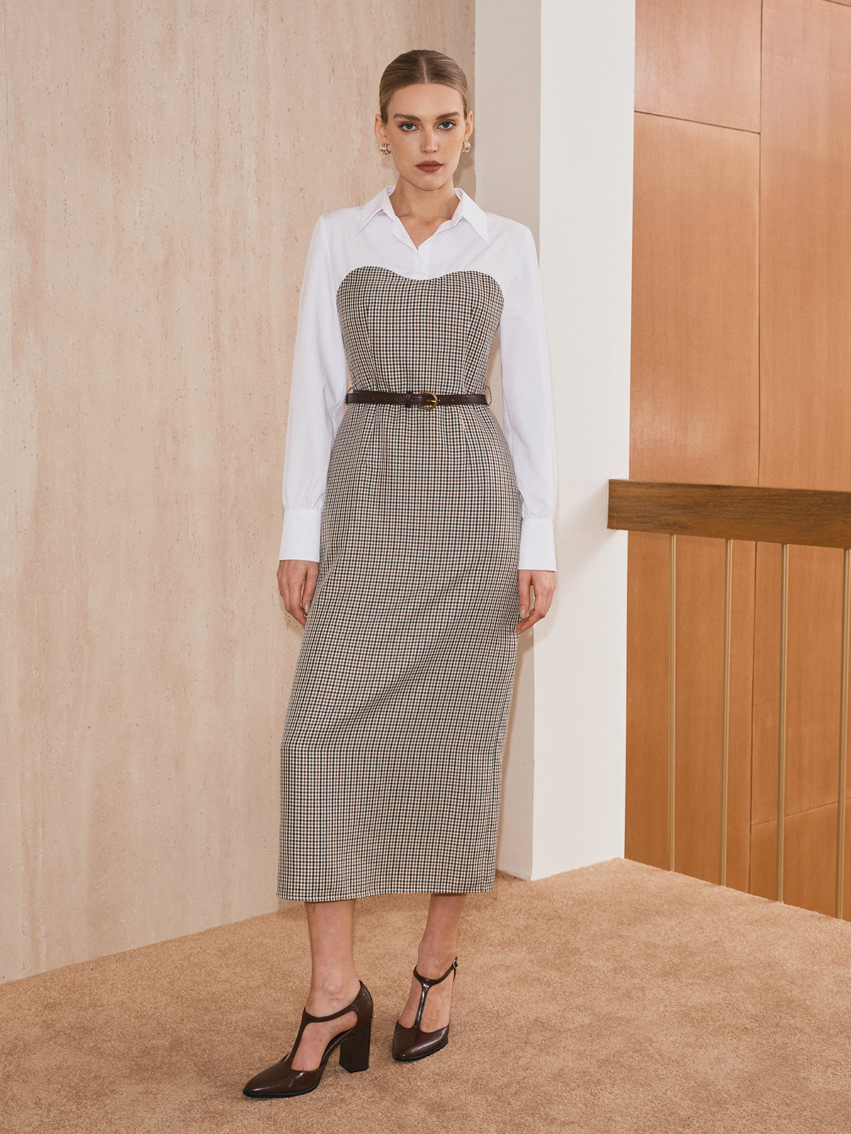 2 in 1 Shirt Plaid Panel Midi Dress with Belt