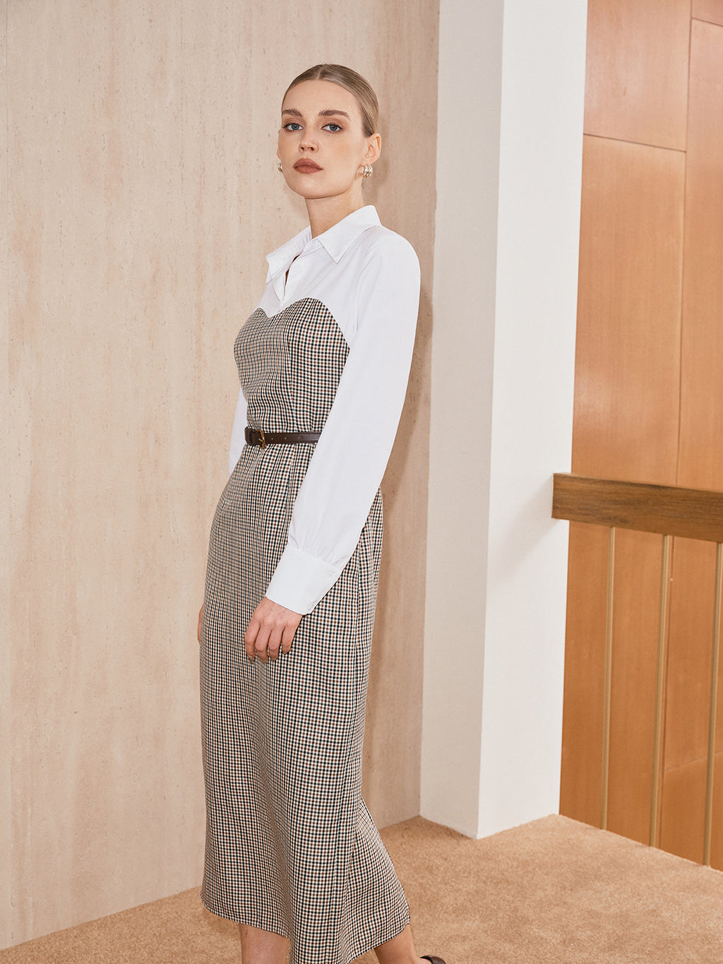 2 in 1 Shirt Plaid Panel Midi Dress with Belt