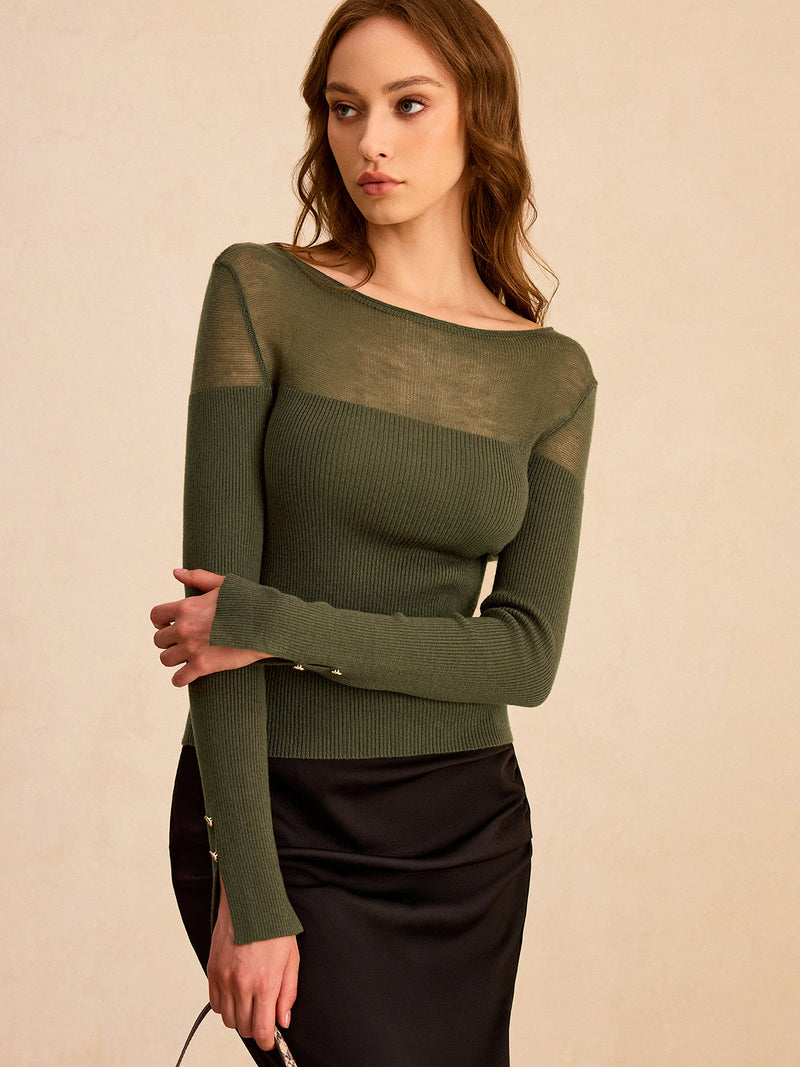 Sheer-Paneled Boat Neck Knit Top