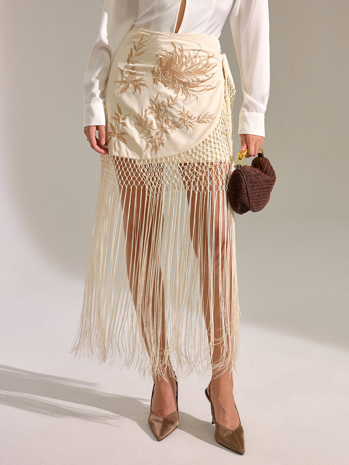 Floral Embroidered Fringe Mini Skirt