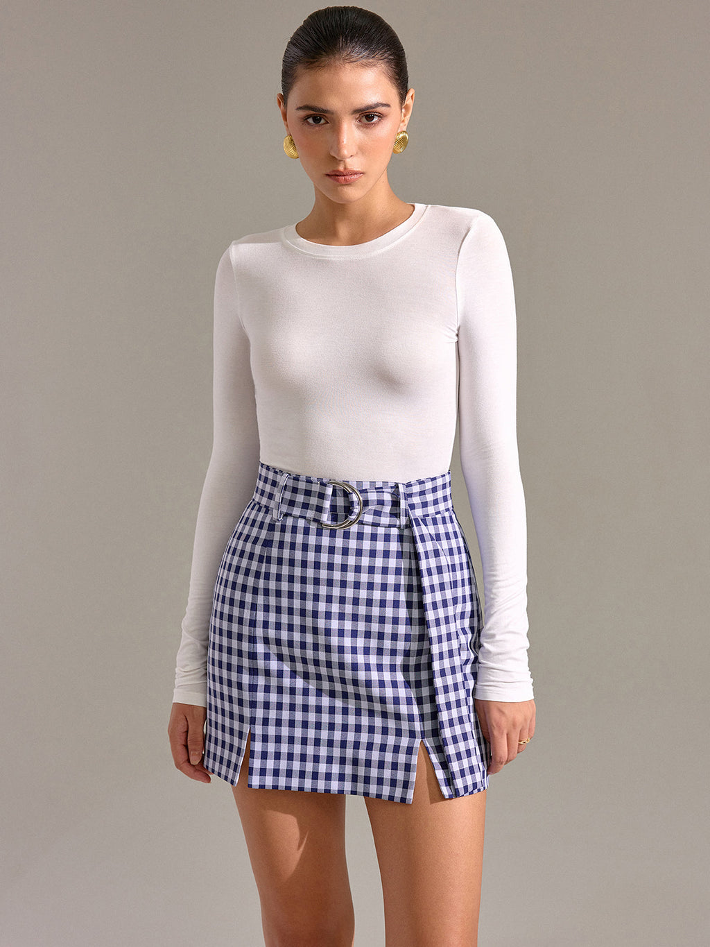 Gürtel-Minirock im Vintage-Gingham-Muster mit Schlitz