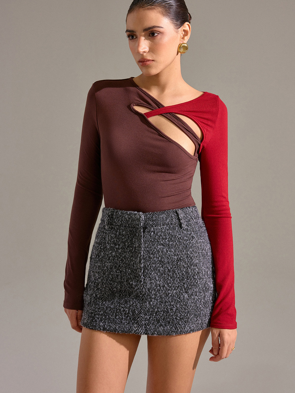 Asymmetric Two-Tone Cut-Out Long Sleeve Blouse