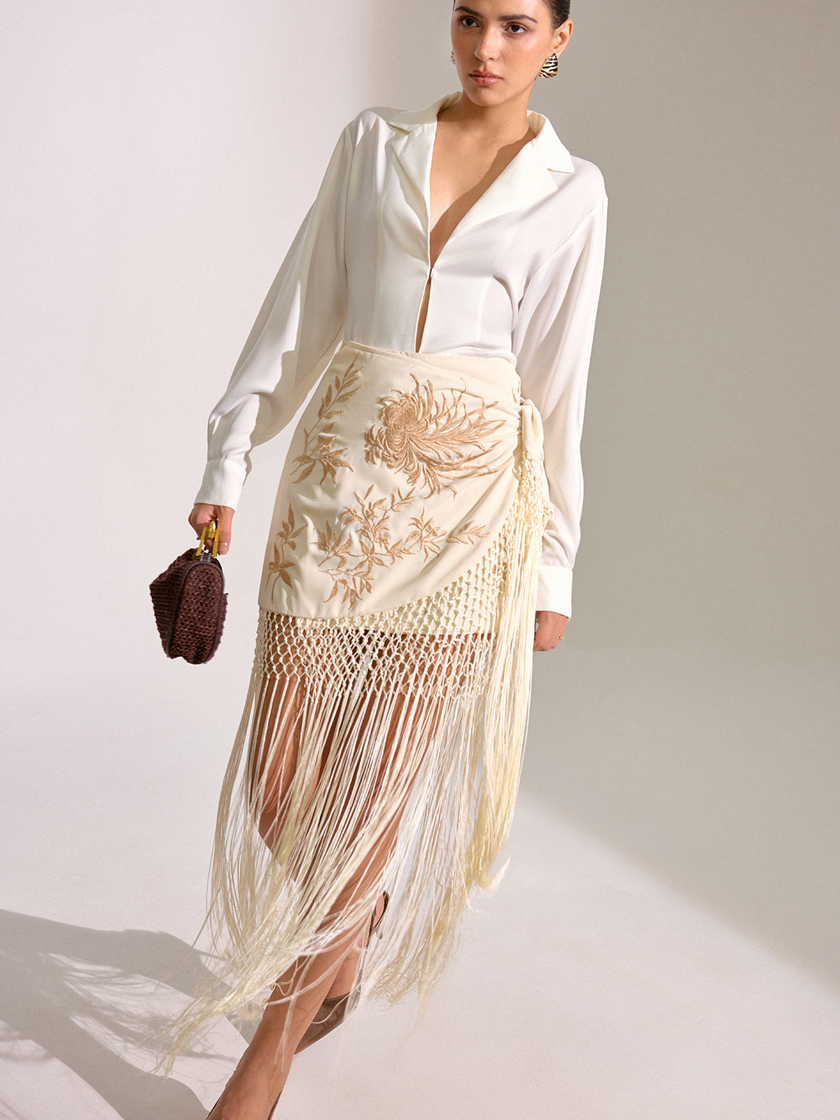 Floral Embroidered Fringe Mini Skirt