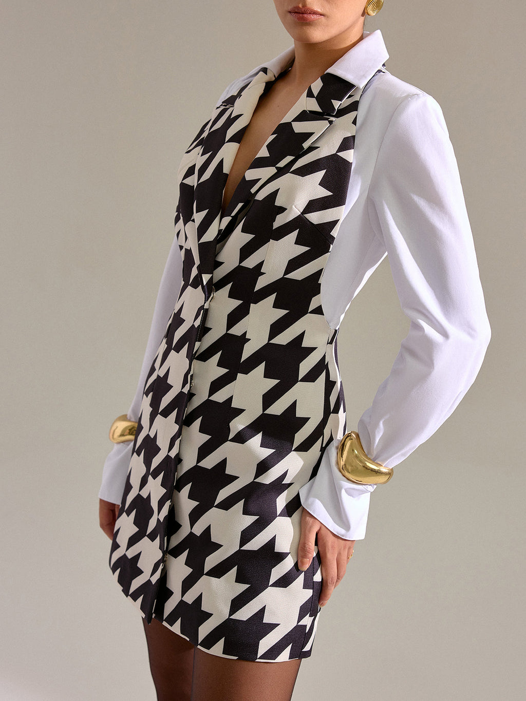 Robe Courte à Pan de Chemise Pied-de-Poule