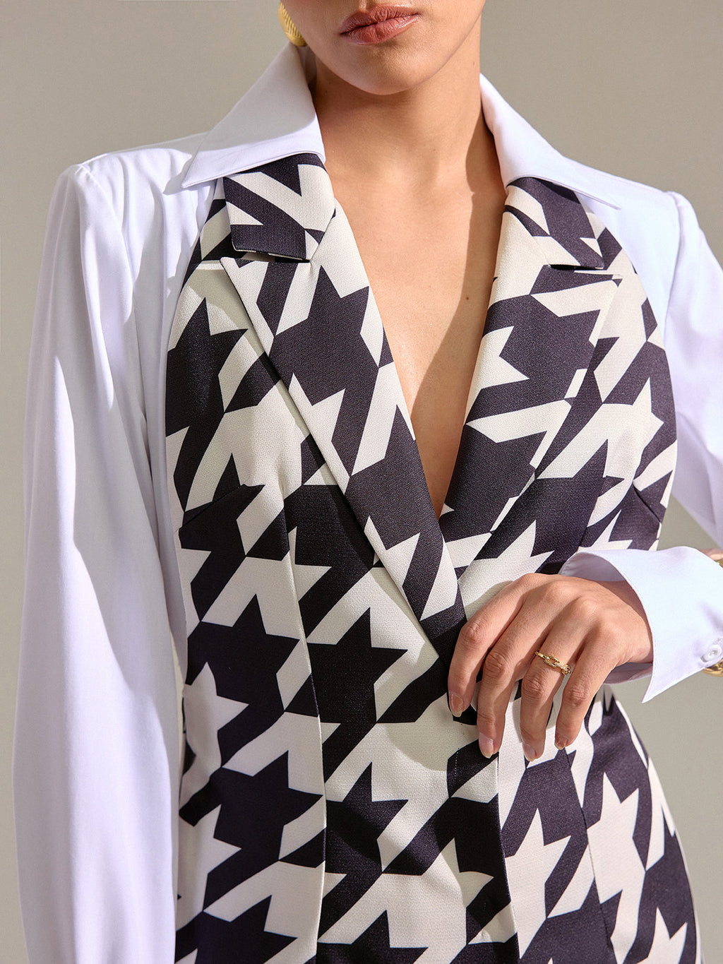 Robe Courte à Pan de Chemise Pied-de-Poule