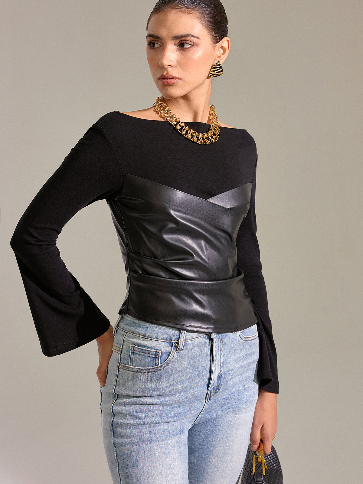 Flared Sleeve Faux Leather Panel Knit Top