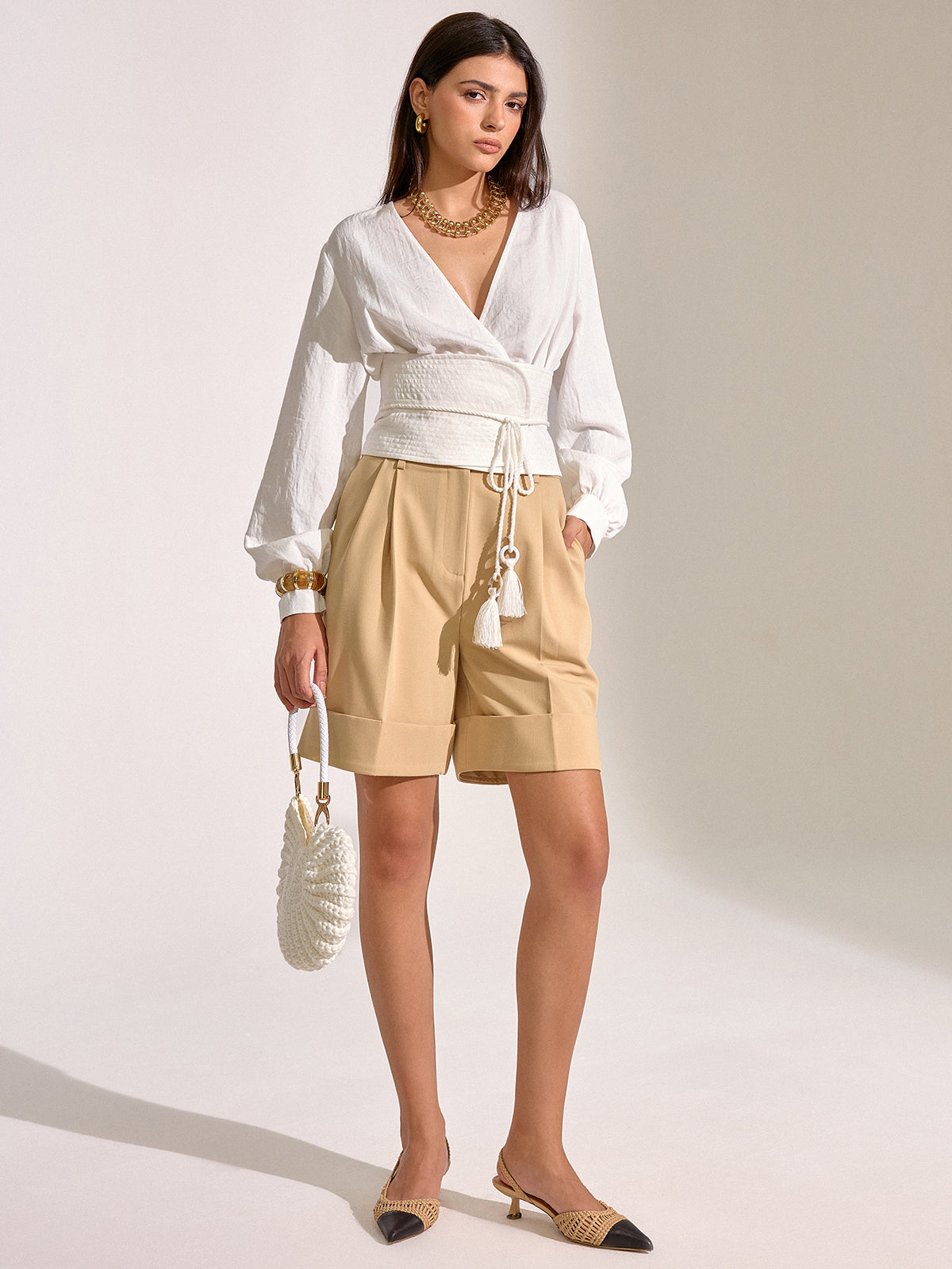 Cinched Waist Tassel Tie Wrap Blouse