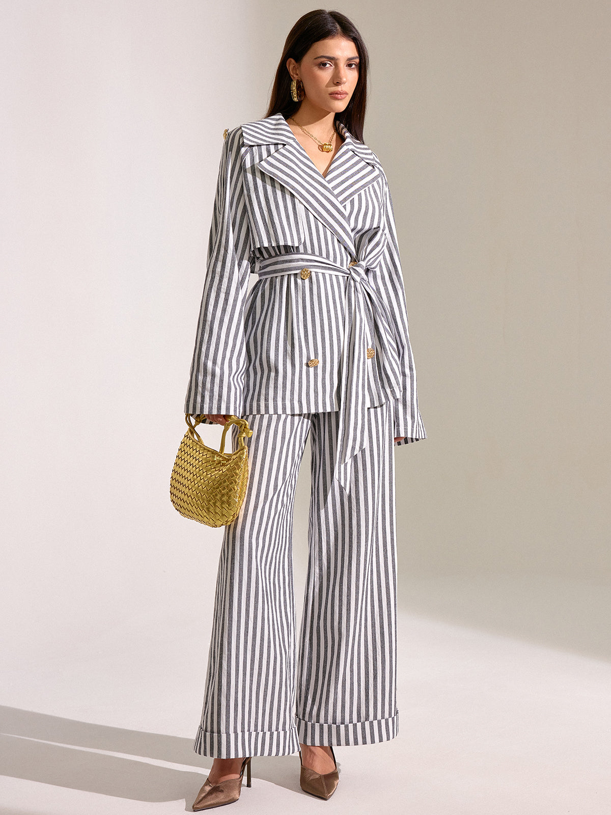 Striped Cotton Belted Trench Coat