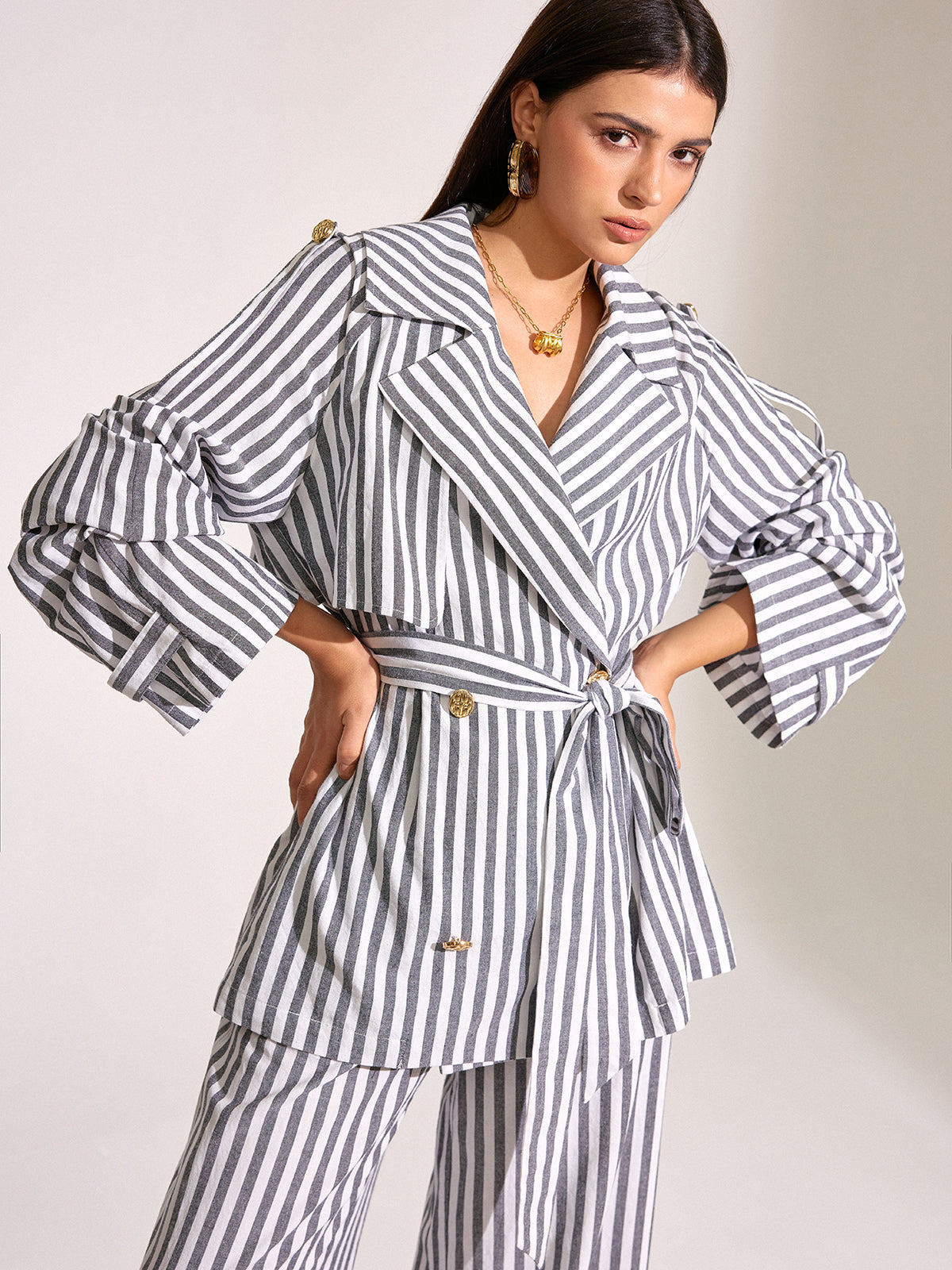 Striped Cotton Belted Trench Coat