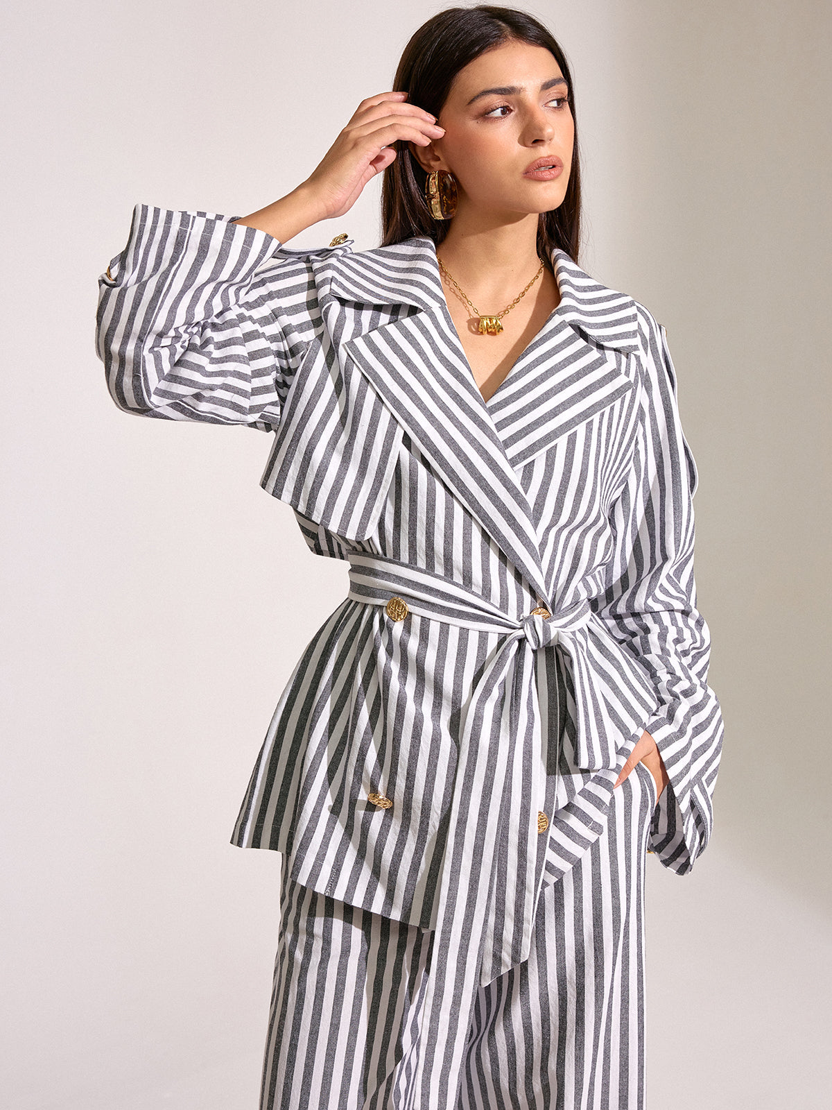 Striped Cotton Belted Trench Coat