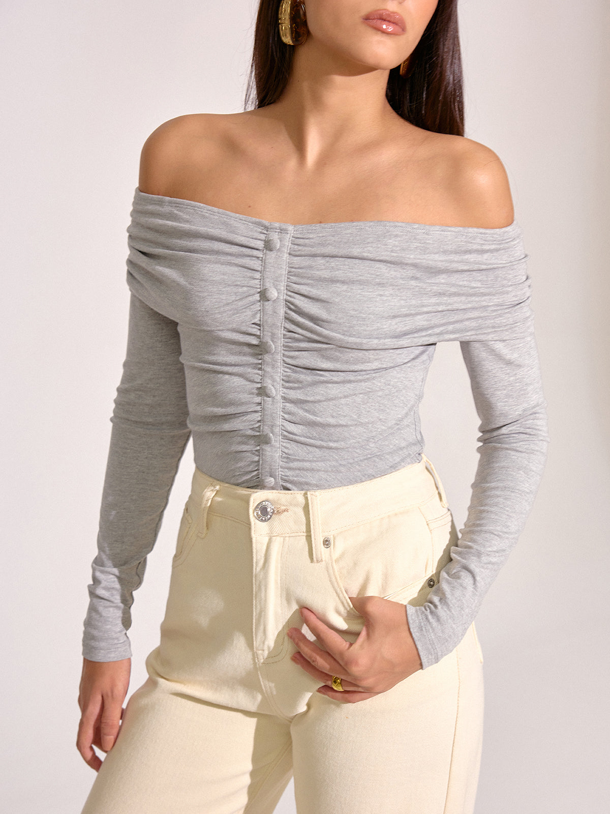 Off-Shoulder Ruched Long Sleeve T-Shirt