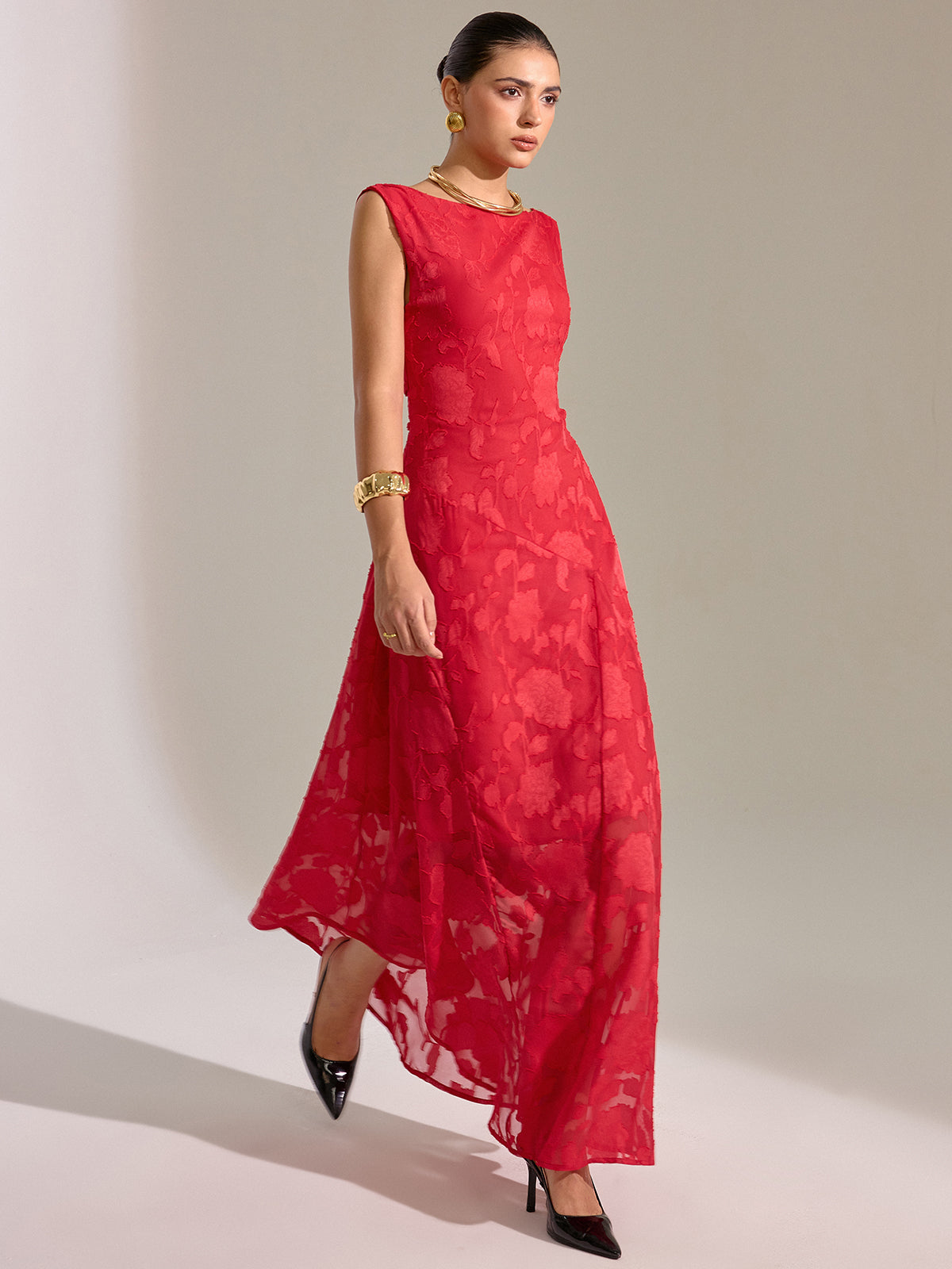 Ärmelloses Maxikleid aus geblümtem Jacquard