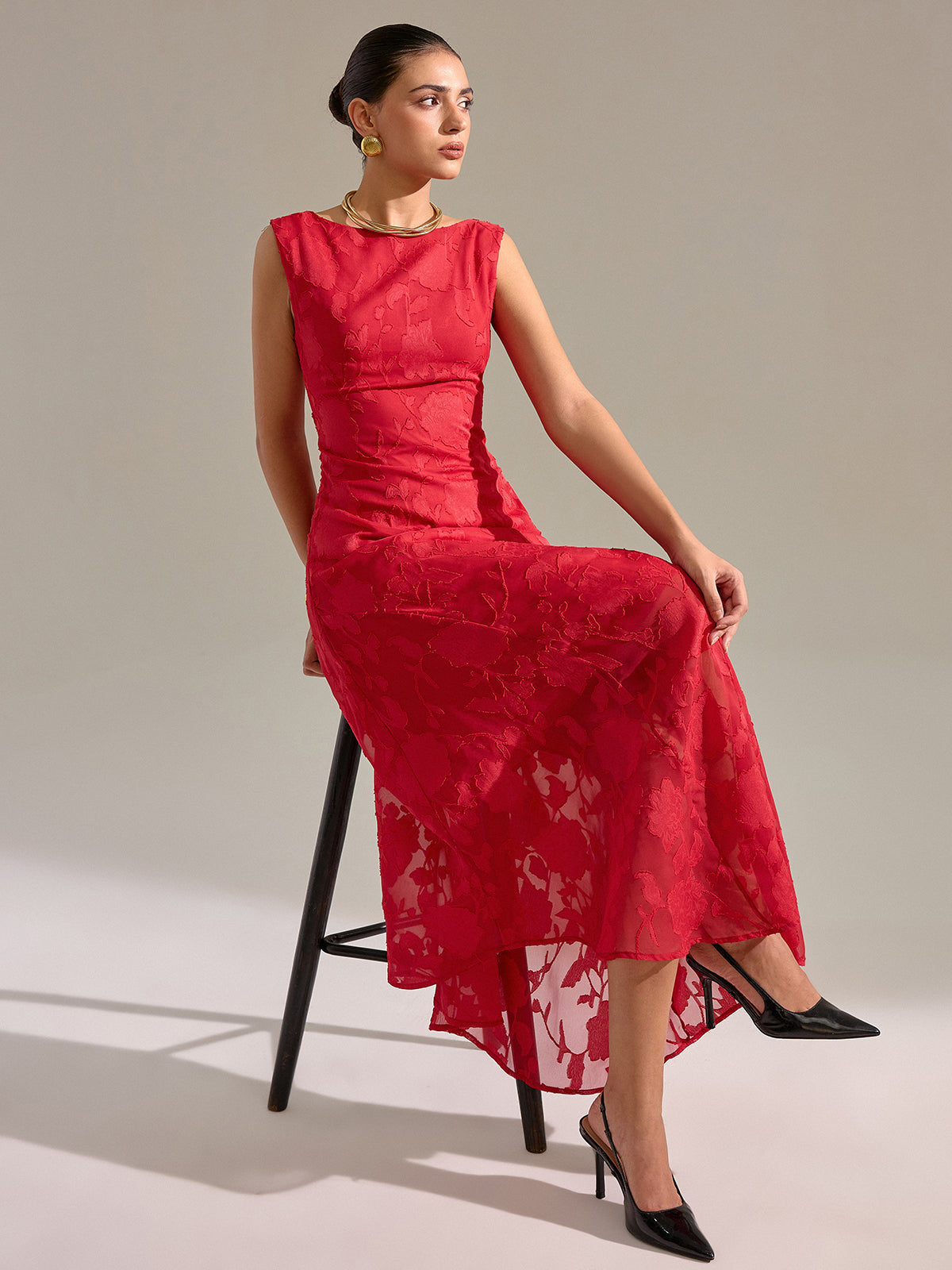 Ärmelloses Maxikleid aus geblümtem Jacquard