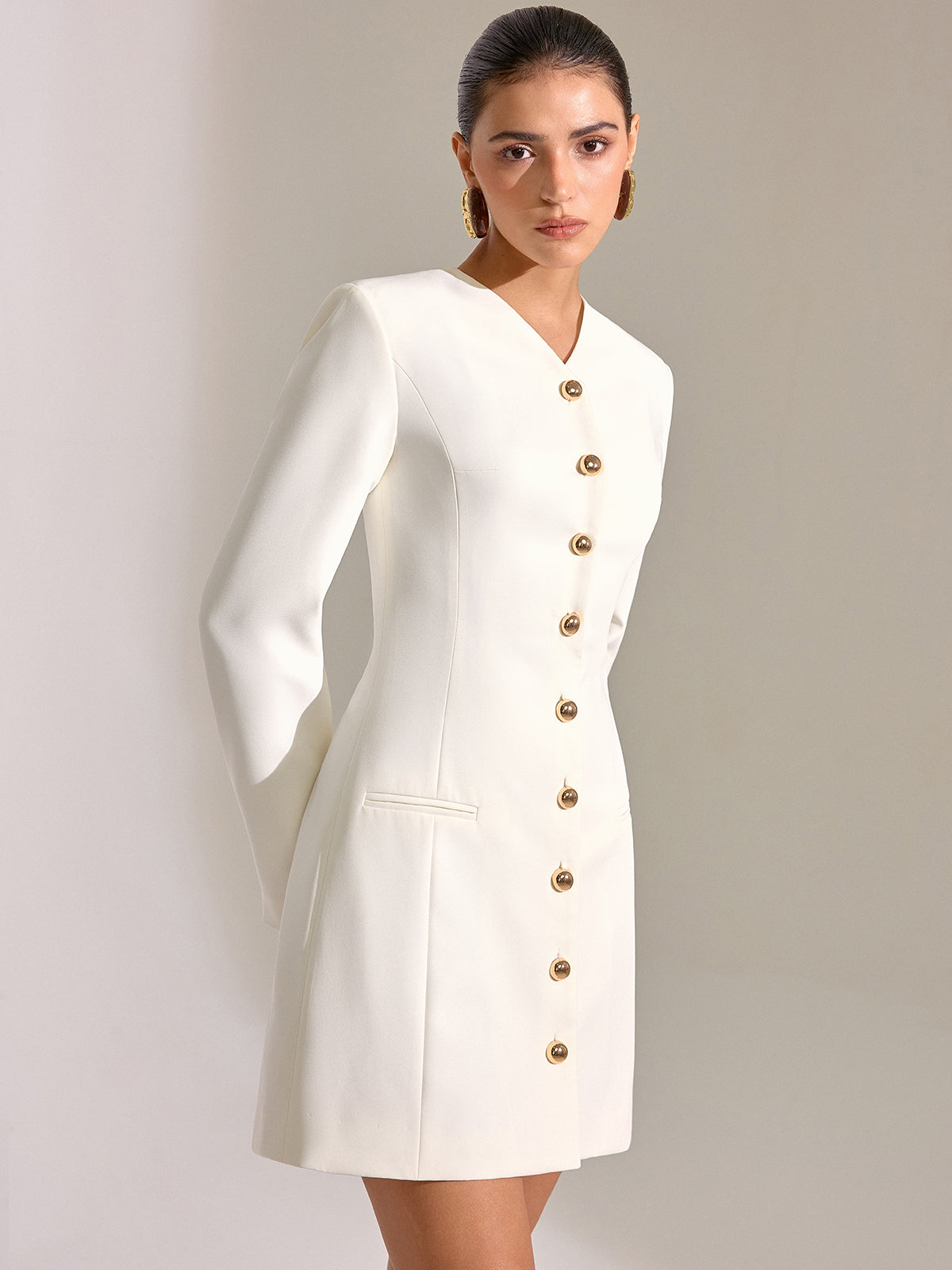 Metal Button-From V-Neck Mini Dress