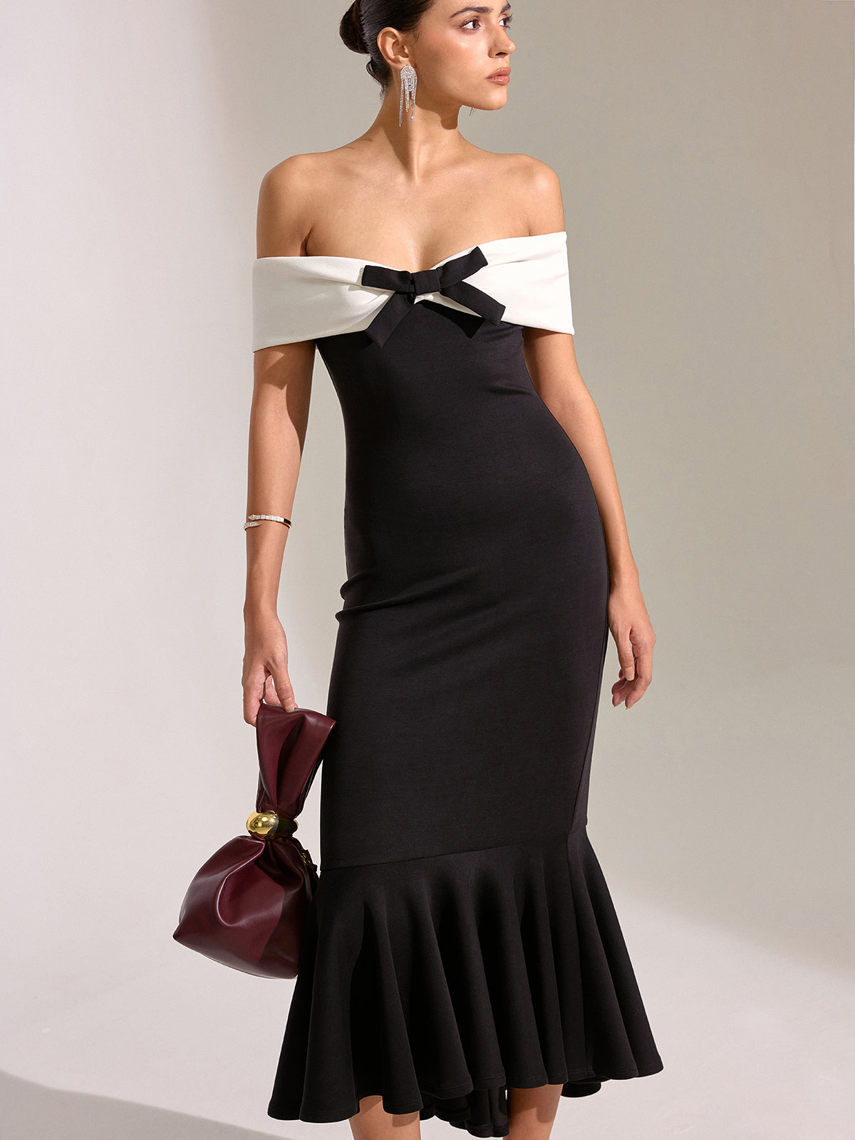 Robe midi sirène à nœud et épaules dénudées