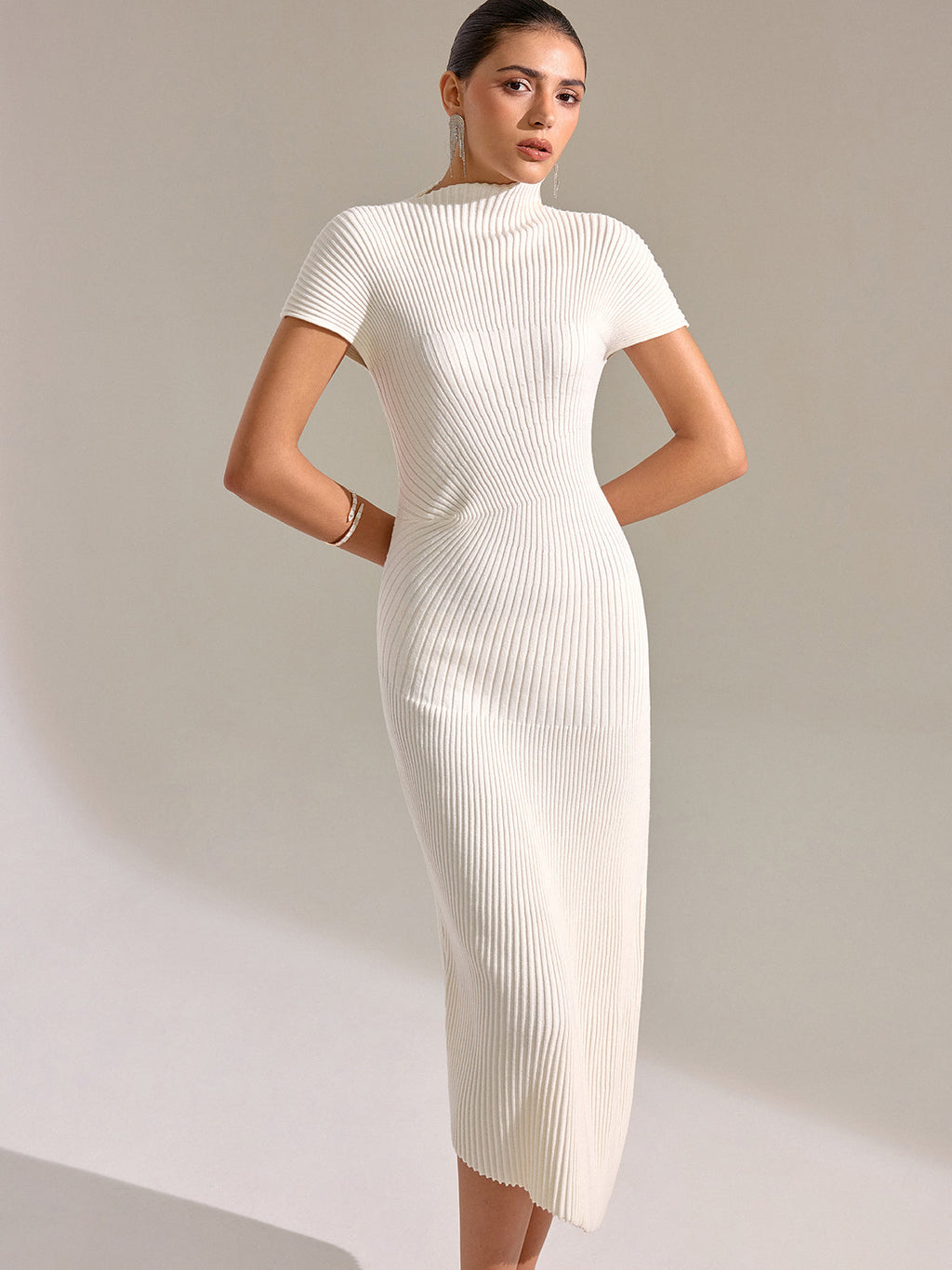 Mock Neck Short Sleeve Asymmetric Hem Maxi Dress