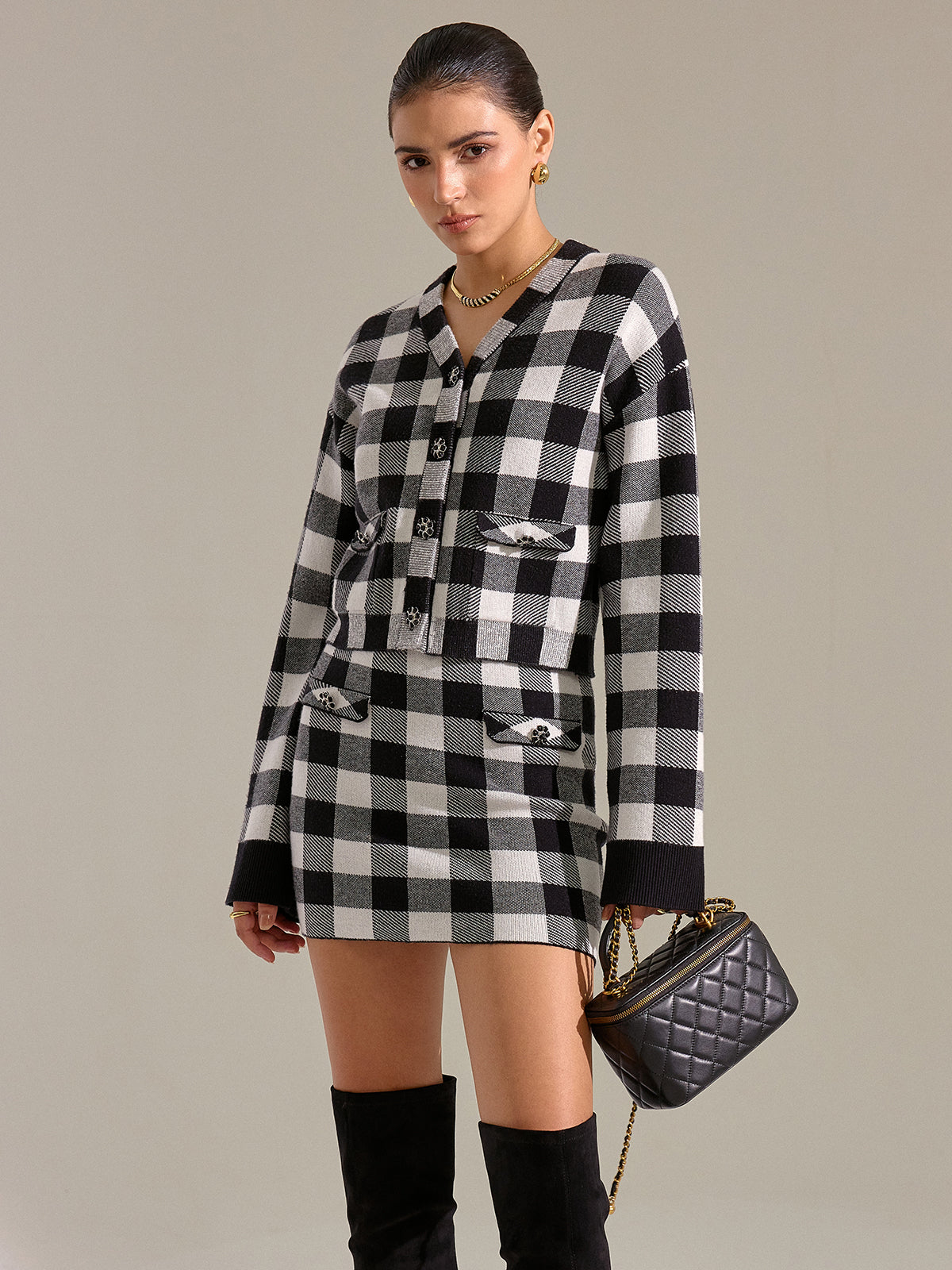 Checkered Wool Blend Button Cardigan