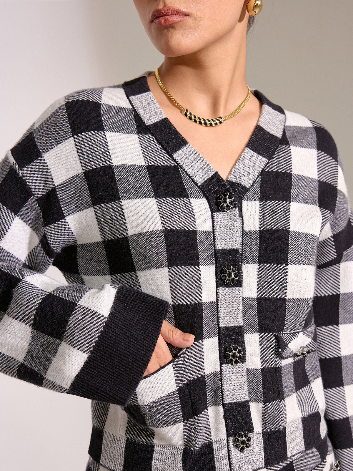 Checkered Wool Blend Button Cardigan