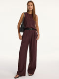Pinstripe Sleeveless Top and Pants Set with Belt