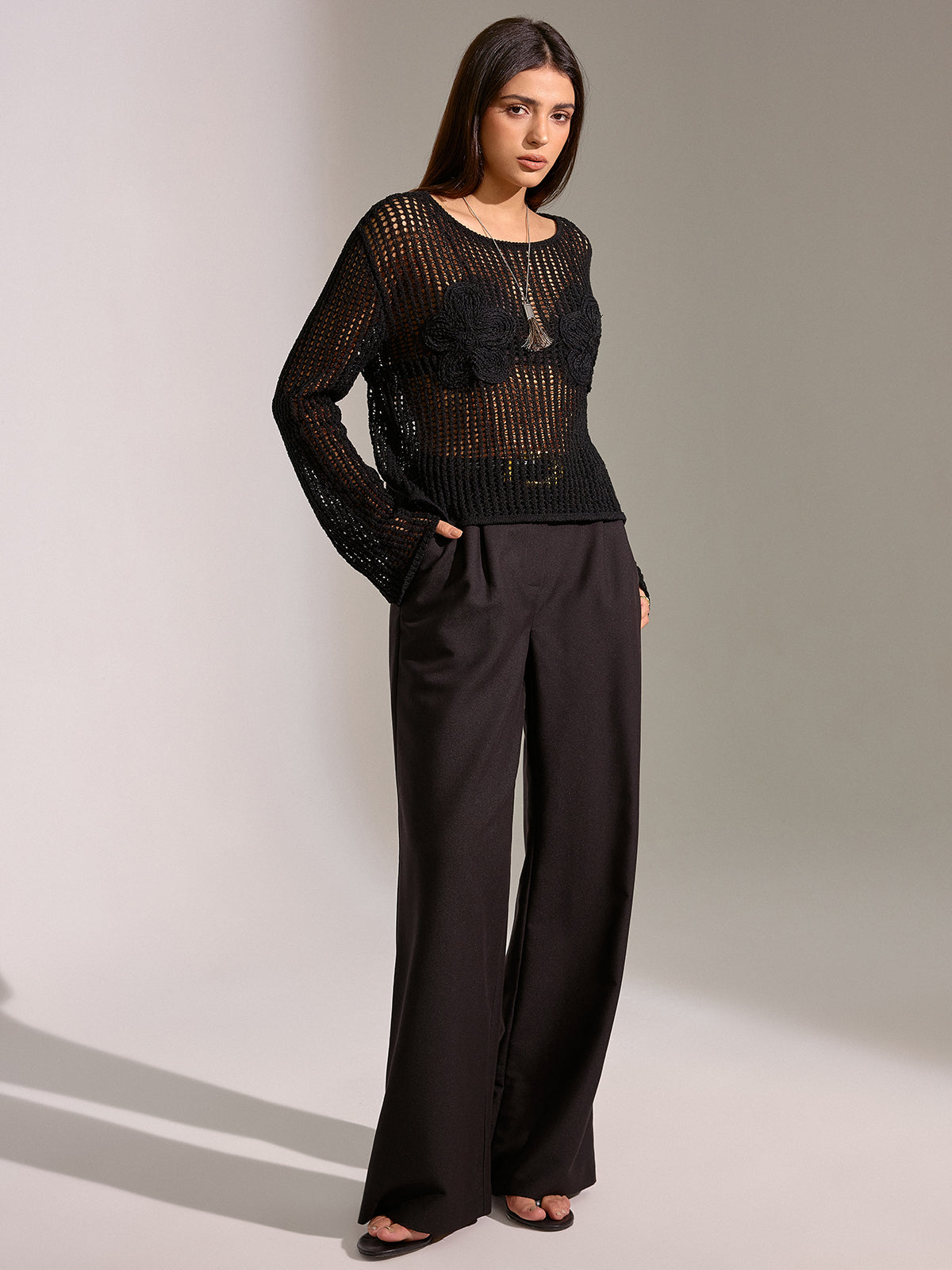 Sheer Openwork Crochet Long Sleeve Top