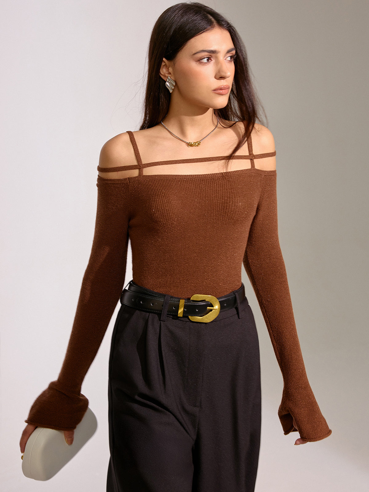 Flared Cuff Wool Blend Off-Shoulder Knit Top