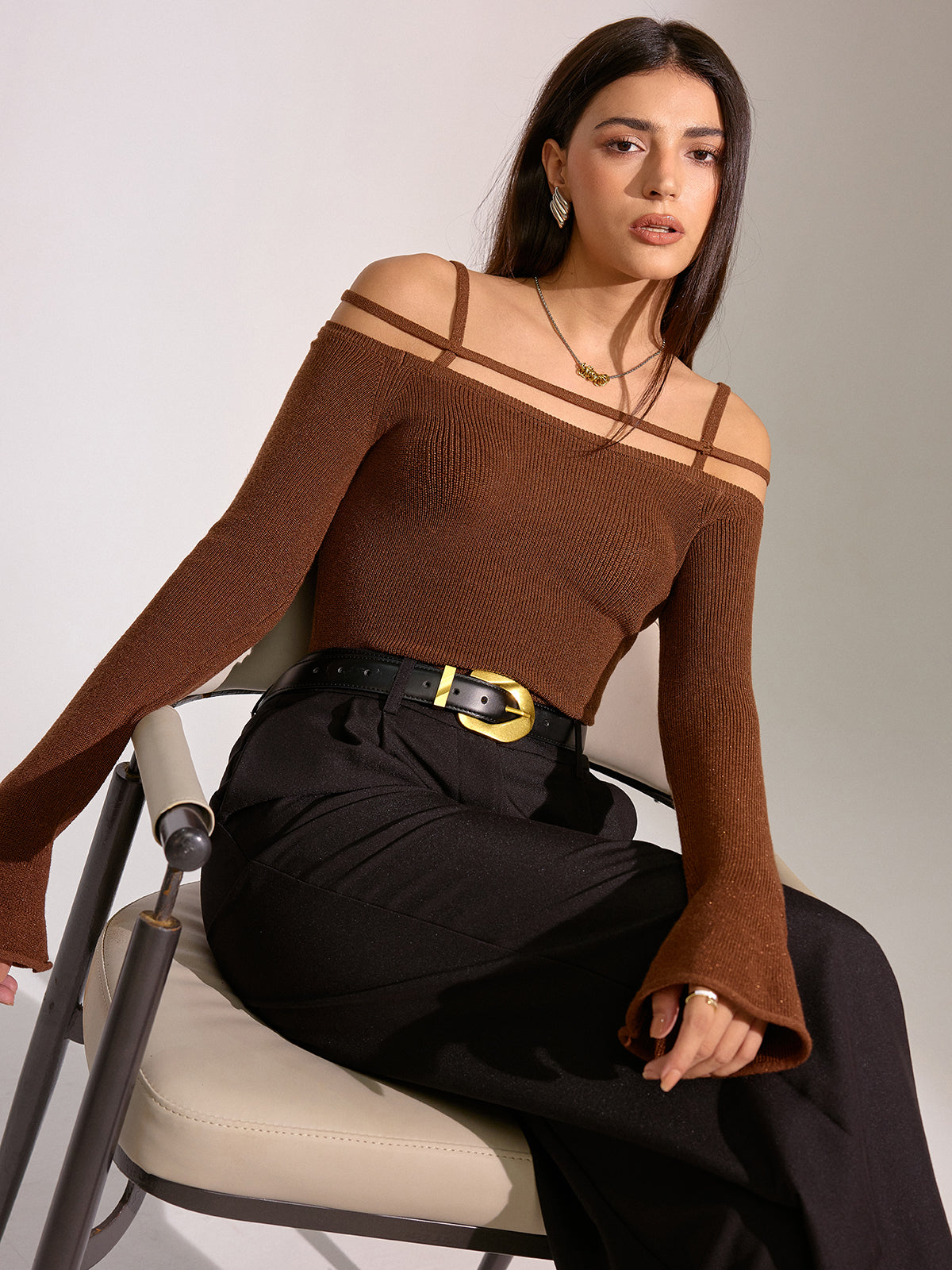 Flared Cuff Wool Blend Off-Shoulder Knit Top