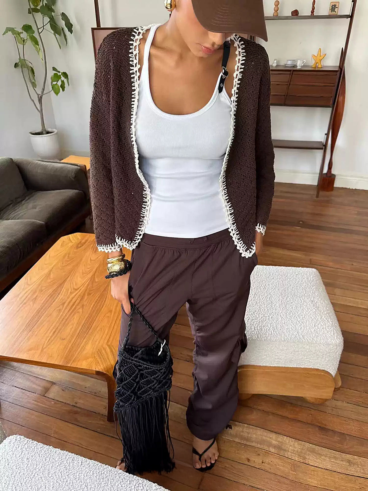 Geripptes, dehnbares Vintage-Tanktop aus Kunstleder mit Schnalle 