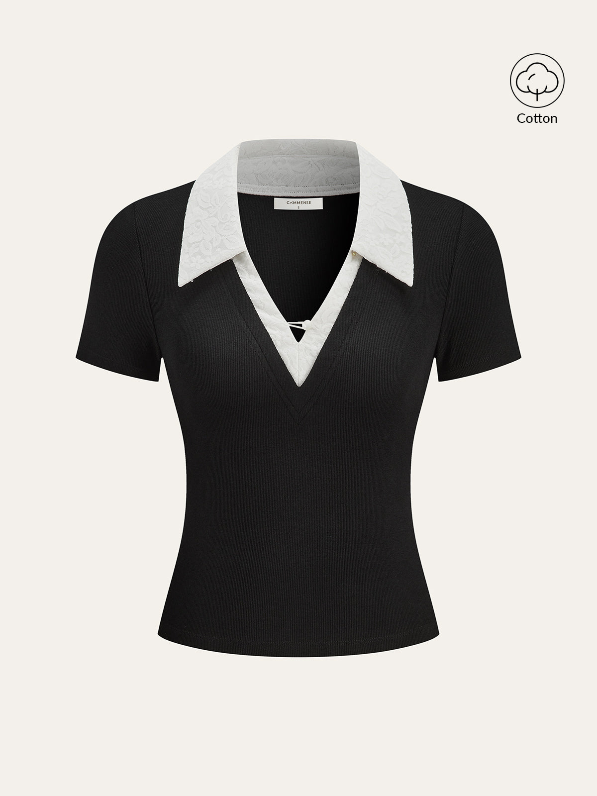 Contrast Lace Collar Cotton Blend T-Shirt
