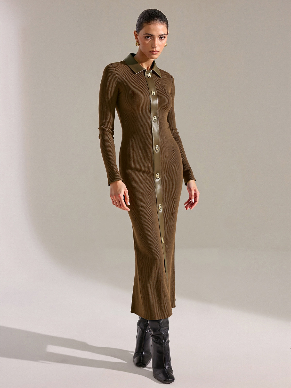 Shirt Collar Faux Leather Panel Ribbed Midi Dress