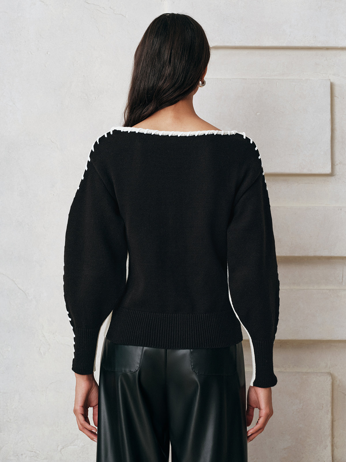 Contrast-Panel Stitch-Trim Knit Top