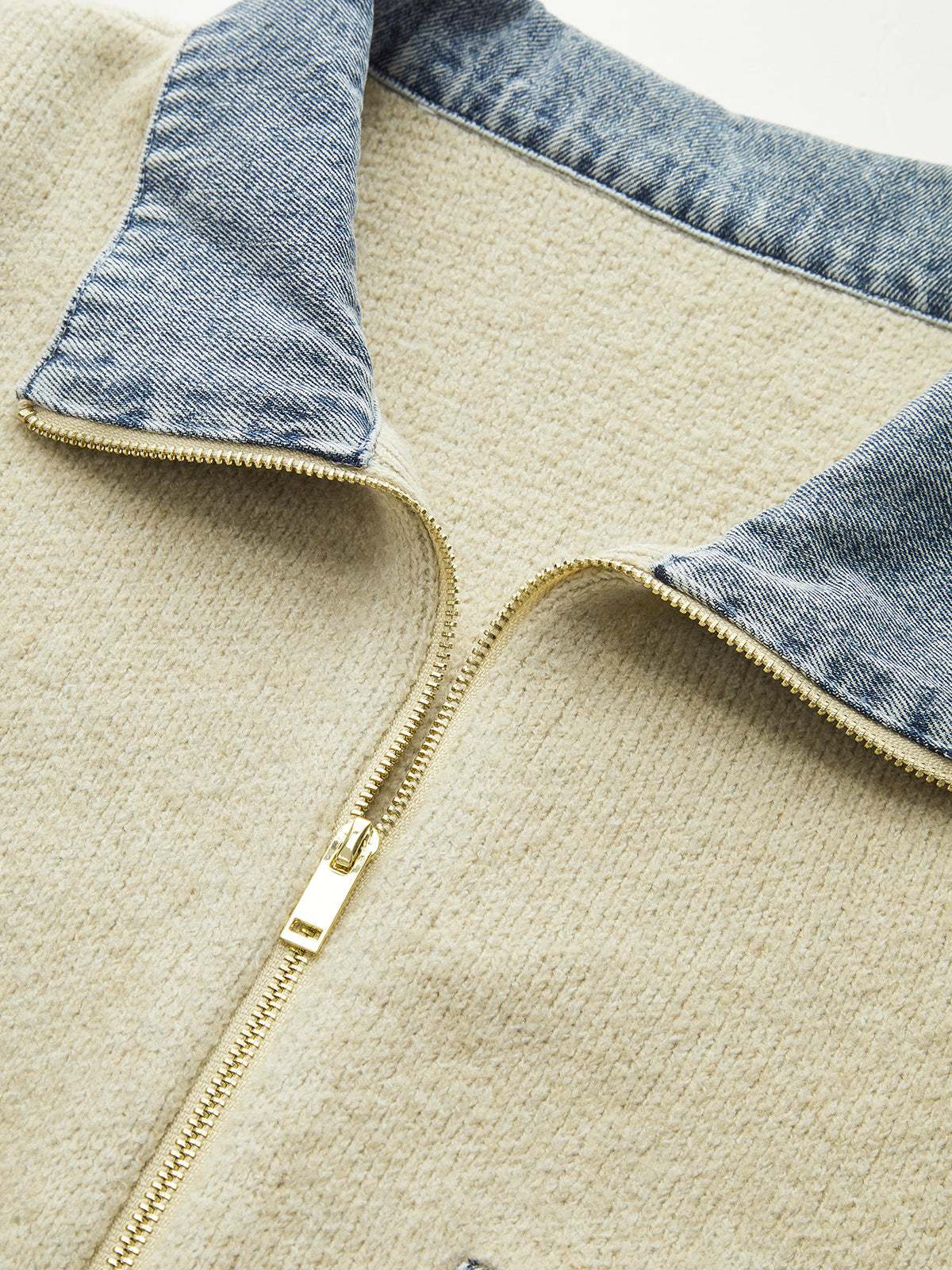Denim Panel Zipper-Form Knit Cardigan