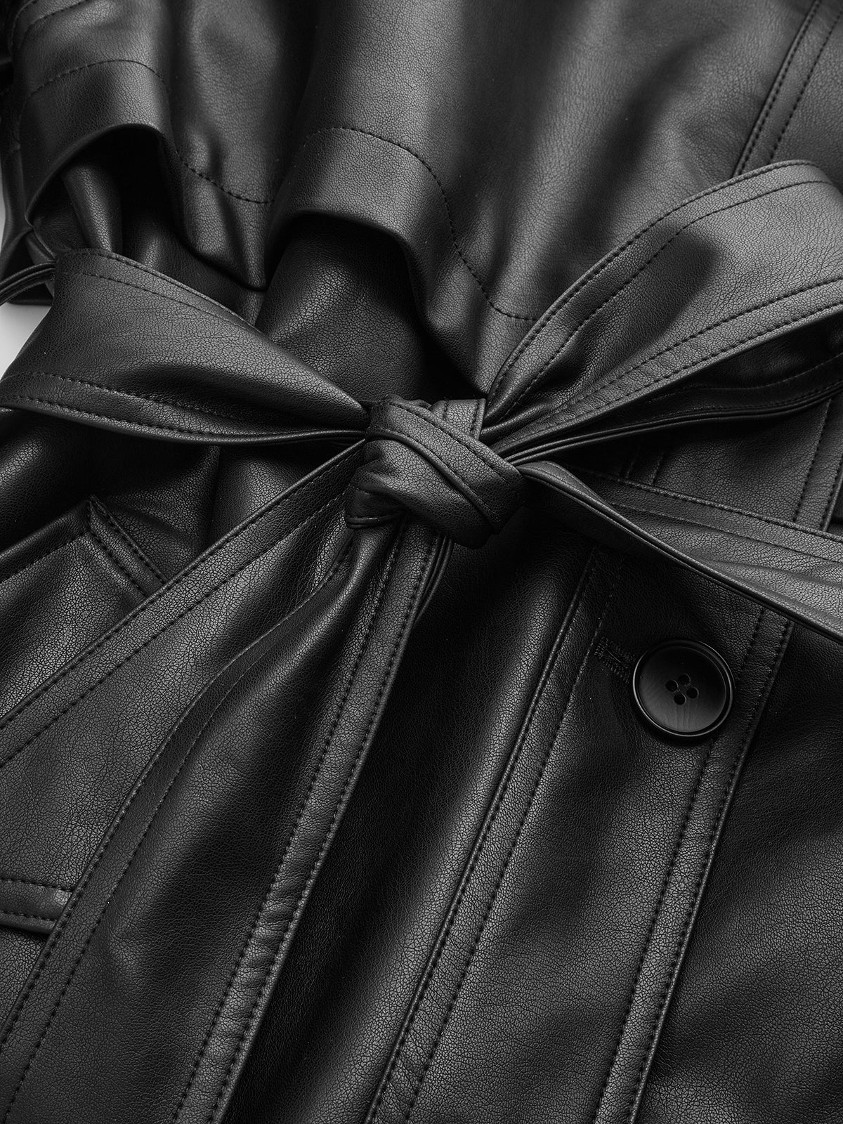 Stand Collar Belted PU Leather Quilted Jacket