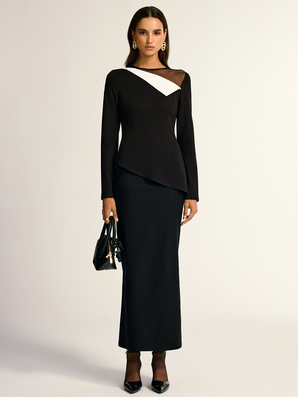 Mesh Neck Contrast Panel Asymmetrical Blouse